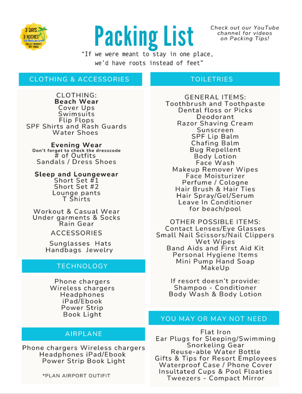 Packing Checklist - FREE – 3 Days 3 Noches